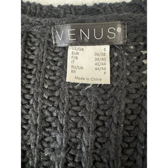 Venus Black Ribbed Chunky Knit Sweater Puff Sleeve V Neck Small Cozy Minimalist - Picture 4 of 8